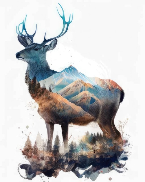 Cerf Double exposition d'un cerf et de la nature des montagnes des arbres dans l'art à l'aquarelle