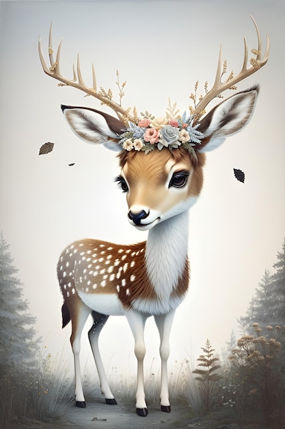 Un cerf drôle avec une couronne de fleurs sur la tête.