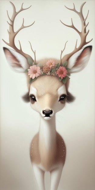 Un cerf drôle avec une couronne de fleurs sur la tête.