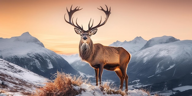 Un cerf élaphe frappant les sommets des montagnes dans un paysage hivernal