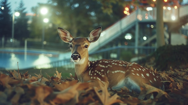 un cerf est allongé dans les feuilles d'une cour