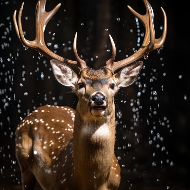 un cerf est debout dans la pluie et les gouttes d'eau tombent