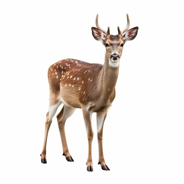 Un cerf avec une étiquette à l'oreille se tient devant un fond blanc.