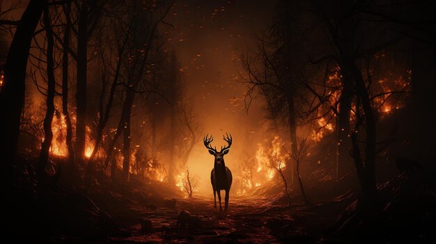 Photo cerf avec feu dans la forêt