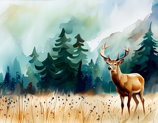 Cerf de fond de modèle animal aquarelle dans la forêt créé avec l'IA générative