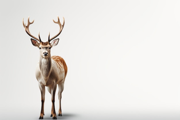 Cerf avec de grandes cornes sur fond blanc rendu 3D