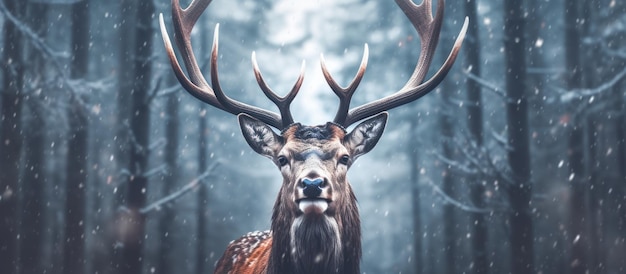 cerf en gros plan avec fond de chute de neige