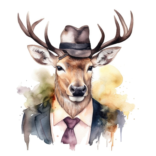 Cerf hipster aquarelle en costume et chapeau