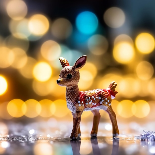 Cerf jouet debout sur une surface brillante avec arrière-plan flou et lumières bokeh IA générative