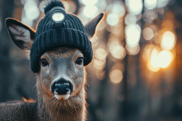 Un cerf avec une lanterne sur la tête se tient dans une forêt sombre