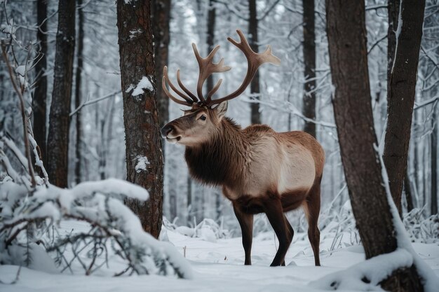 Un cerf majestueux dans une forêt enneigée d'hiver