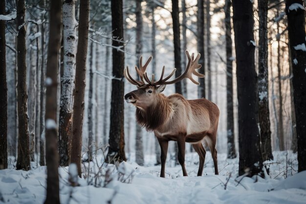 Un cerf majestueux dans une forêt enneigée d'hiver