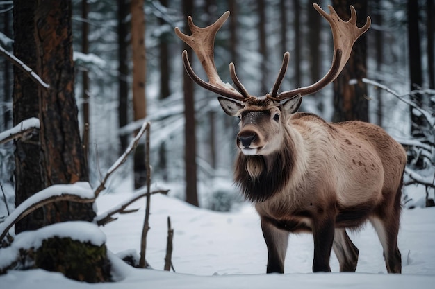 Un cerf majestueux dans une forêt enneigée d'hiver