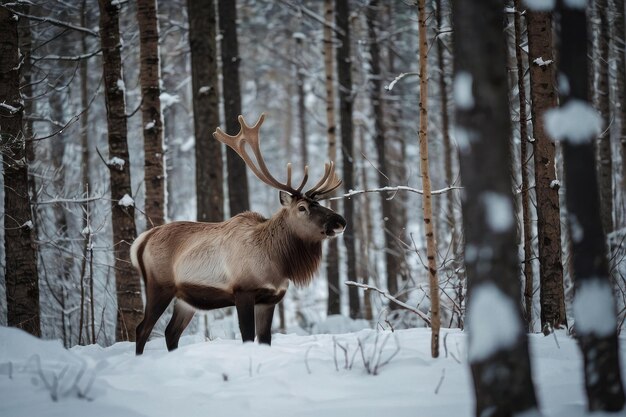 Un cerf majestueux dans une forêt enneigée d'hiver