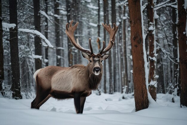 Un cerf majestueux dans une forêt enneigée d'hiver