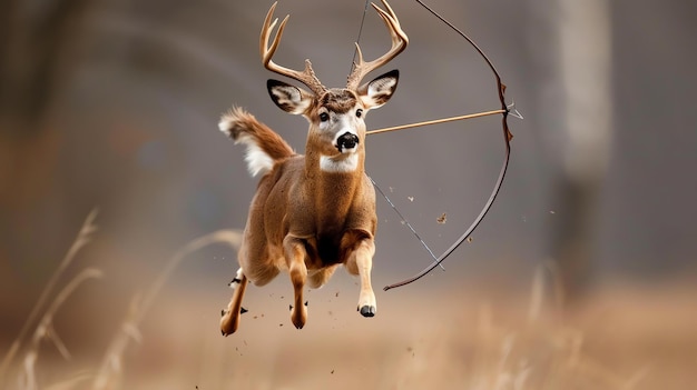 Photo un cerf majestueux saute gracieusement dans les airs avec une flèche transperçant son corps.