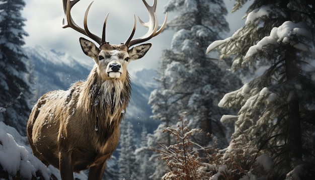 Un cerf majestueux se tient dans la forêt enneigée exhalant la tranquillité générée par l'intelligence artificielle