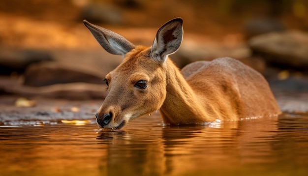 Cerf mignon broutant dans un pré d'automne humide généré par l'IA