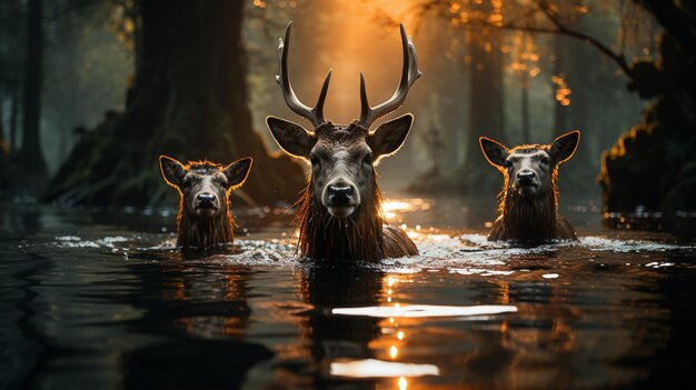 Photo un cerf mignon debout dans un étang tranquille reflété par l'ia