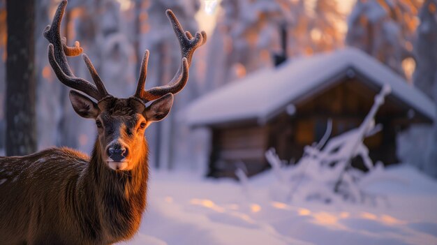 Photo un cerf noble dans la forêt d'hiver de la laponie finlandaise sur le fond d'une cabane de forêt couverte de neige