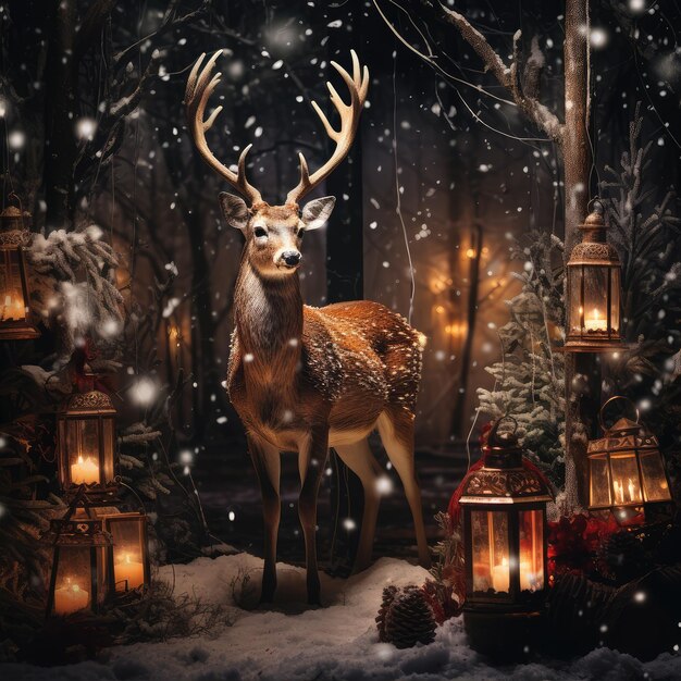 Le cerf noble dans la forêt de neige d'hiver Le paysage artistique de Noël en hiver La technologie d'intelligence artificielle générative