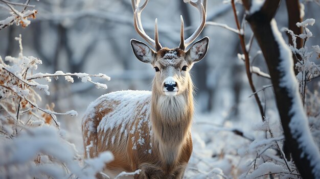 Le cerf noble mâle en hiver dans la forêt de neige photo générative ai