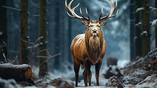 Le cerf noble mâle en hiver dans la forêt de neige photo générative ai