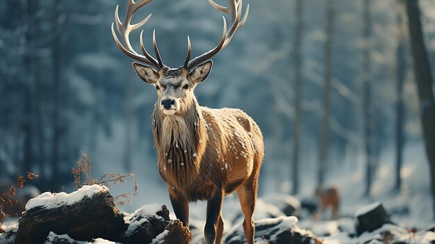 Le cerf noble mâle en hiver dans la forêt de neige photo générative ai
