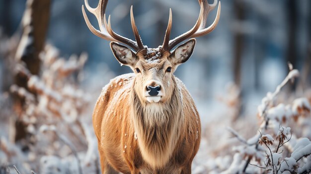 Le cerf noble mâle en hiver dans la forêt de neige photo générative ai