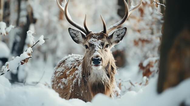 Le cerf noble mâle en hiver dans la forêt de neige photo générative ai