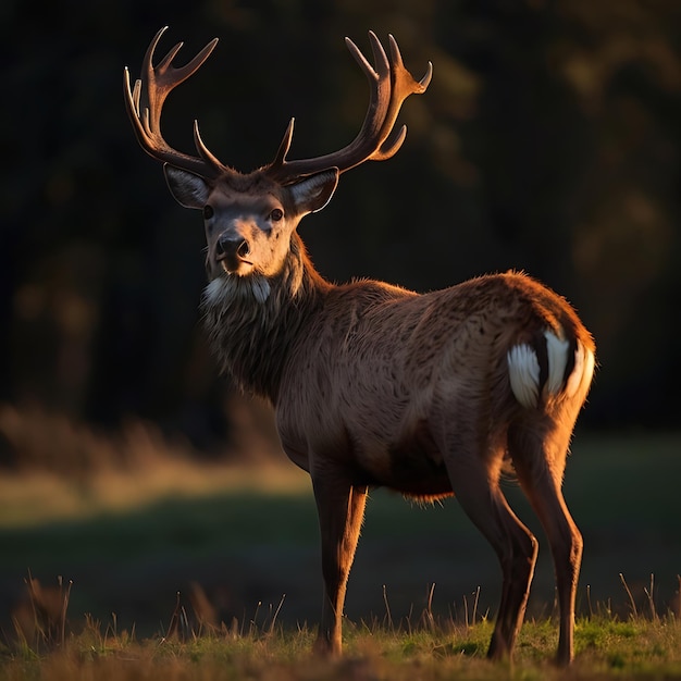 Cerf rouge dans le soleil du matin fond sombre et lumineux généré par l'IA