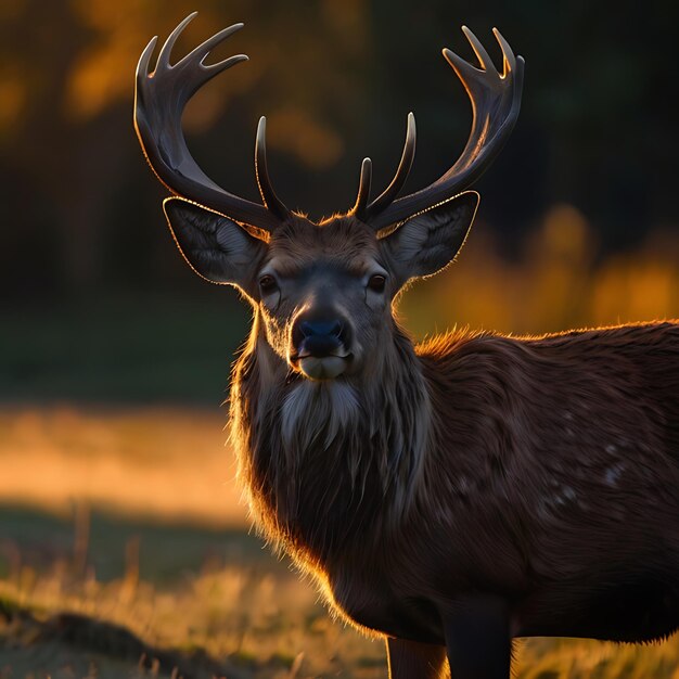 Cerf rouge dans le soleil du matin fond sombre et lumineux généré par l'IA