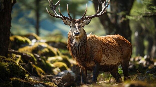 Cerf rouge éclairé par le soleil cervus elaphus génératif Ai