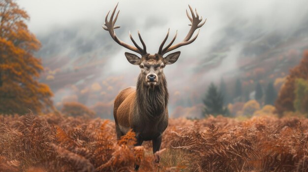 Un cerf royal pose devant un paysage montagneux