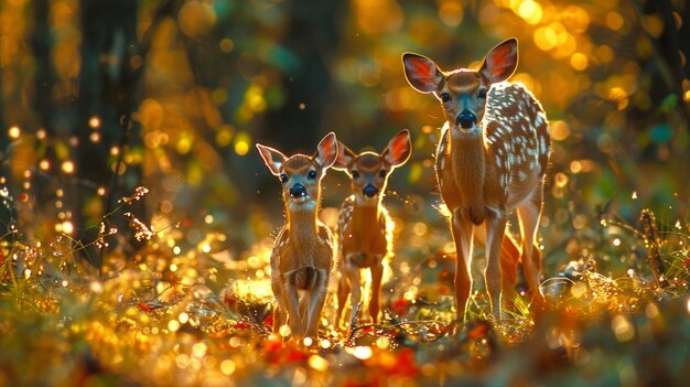 Photo un cerf et sa jument naviguent tranquillement sur les sentiers forestiers du nord du wisconsin les teintes douces de l'aube jetant une lueur chaude sur la scène encapsulant la beauté de la nature ai générative