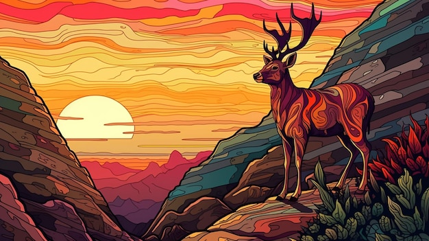 Un cerf se dresse sur une montagne au coucher du soleil.
