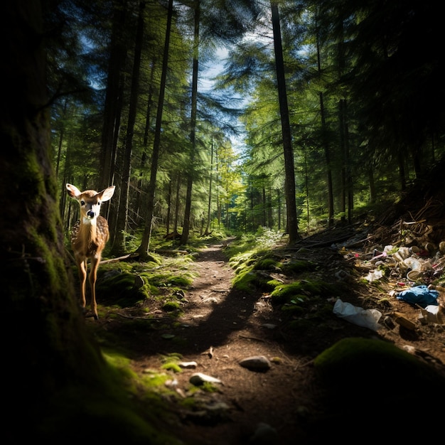 un cerf se tient dans les bois avec un ciel bleu en arrière-plan.