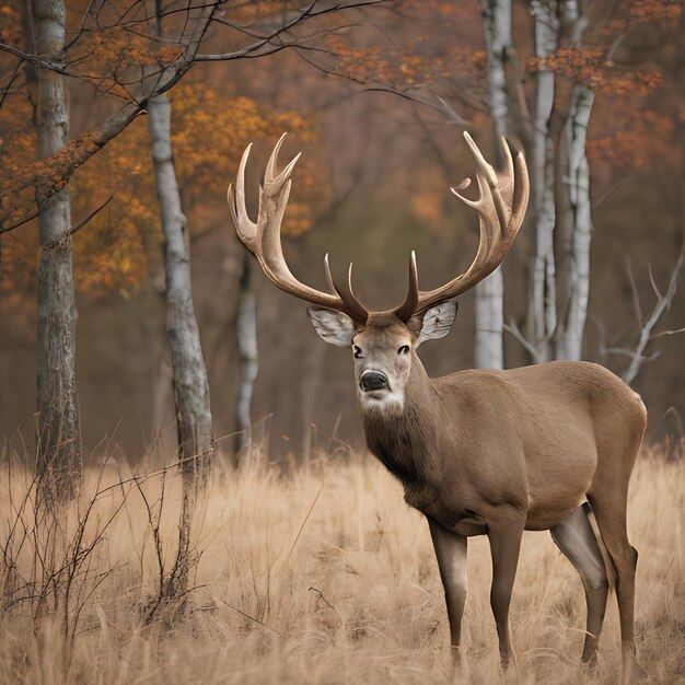 un cerf se tient dans un champ avec des arbres en arrière-plan