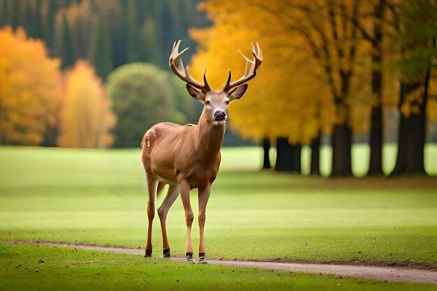 Un cerf se tient dans un champ avec des arbres en arrière-plan.