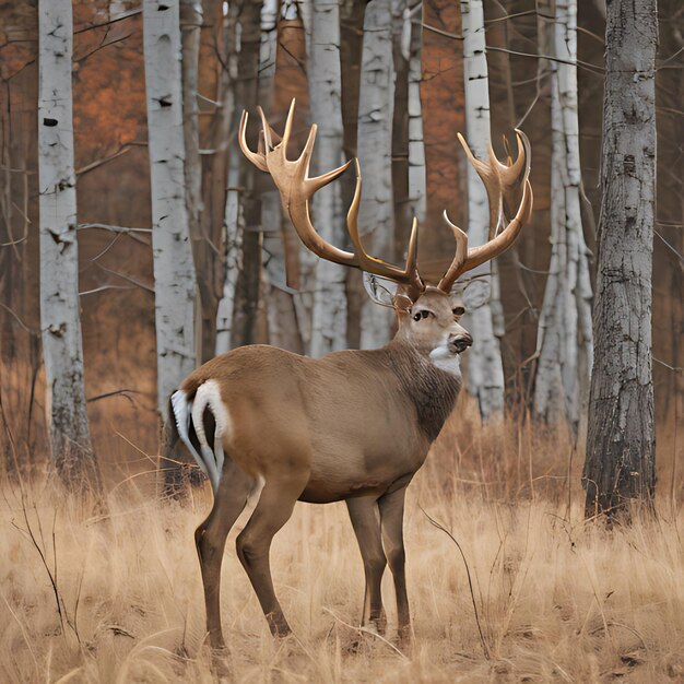 Photo un cerf se tient dans un champ avec des bouleaux à l'arrière-plan