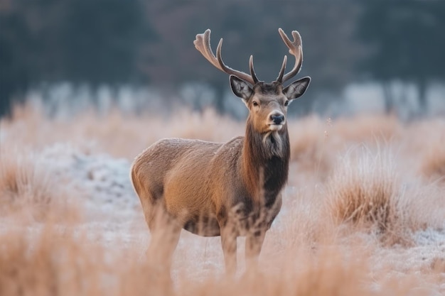 Un cerf se tient dans un champ avec la neige au sol.