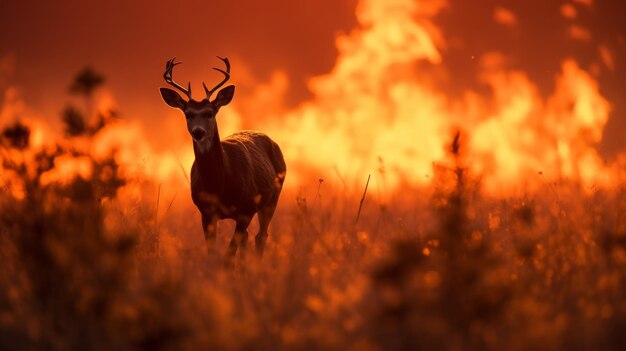 un cerf se tient dans un champ avec le soleil derrière lui