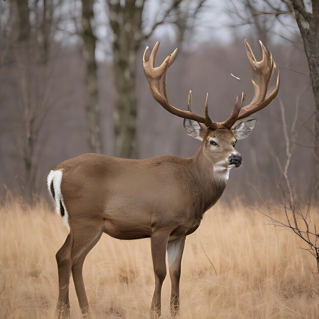 Photo un cerf se tient dans un champ avec une tête de cerf en arrière-plan