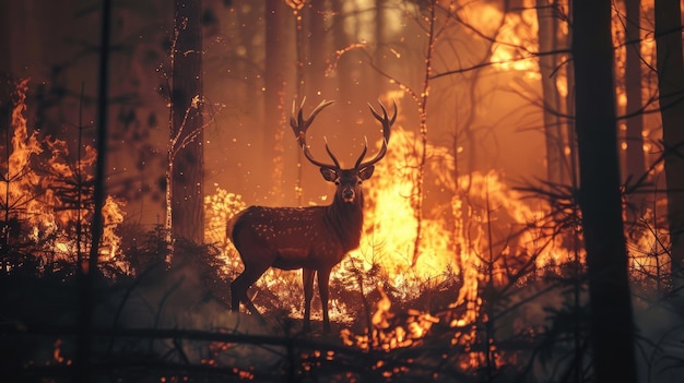 Un cerf se tient dans une forêt en feu concept de protection de la nature et des animaux