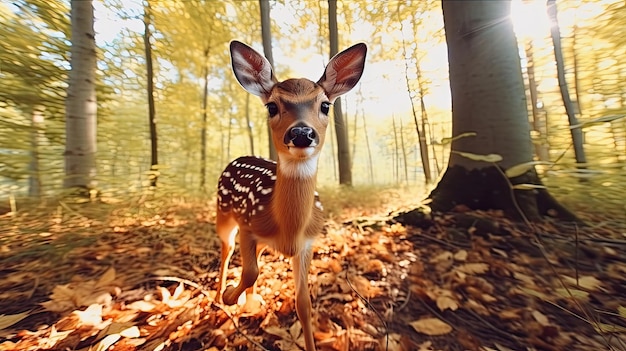 un cerf se tient dans la forêt avec des feuilles sur le sol.