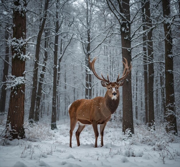 un cerf se tient dans une forêt avec de la neige sur les arbres