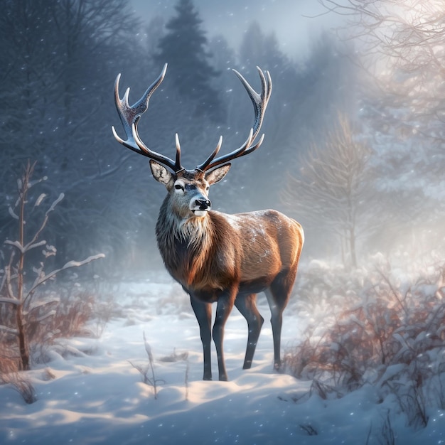 un cerf se tient dans la neige avec un fond enneigé.