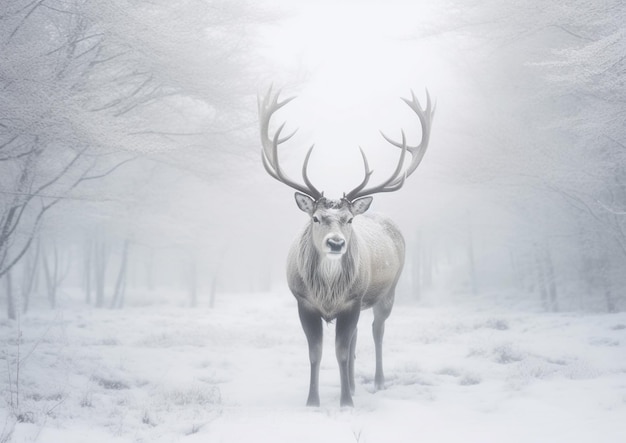 Photo un cerf se tient dans la neige en hiver.