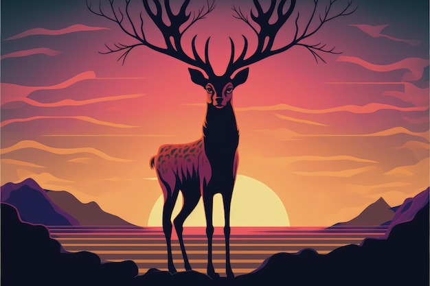 Un cerf se tient devant un coucher de soleil.