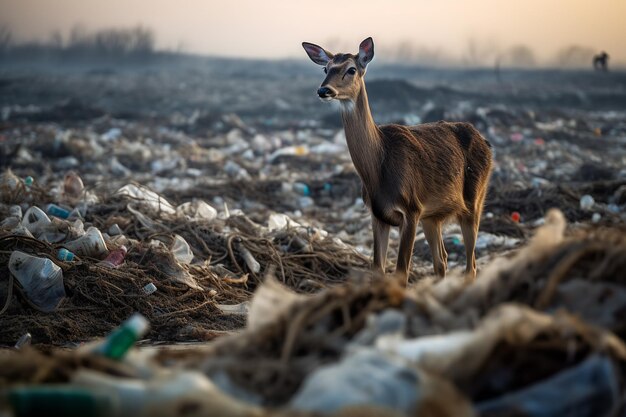 Un cerf se tient devant des dépotoirs et des installations industrielles Generative AI